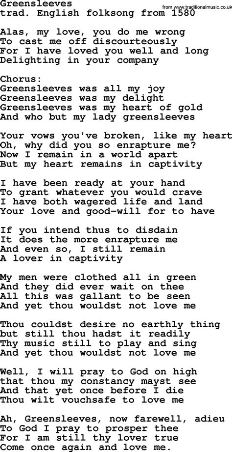 Greensleeves Lyrics by Olivia Newton-John from the Come on Over album- including song video, artist biography, translations and more: Alas, my love, you do me wrong To cast me off discourteously And I have loved you oh so long Delighting in your comp…